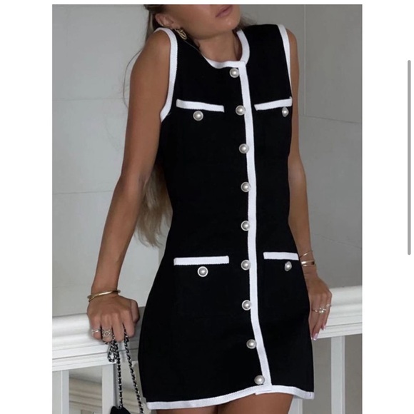 Commense Sleeveless Sweater Mini Dress Button-Front Contrast Trim Black White M - Picture 2 of 10
